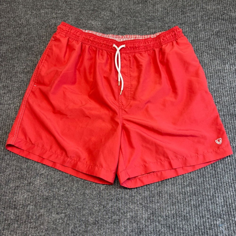 F&F Men L Red Swim Trunks Drawstring Mesh Lined Shield Logo Preppy